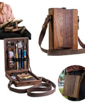 Wooden Messenger Box Crossbody Bag For Artists Grab And Go Multifunctional Handmade Tool Storage Box Painting Brush Organizer Sketch Box And Portable Easel Case For Outdoor Painting Brown with open compartments showing art supplies.