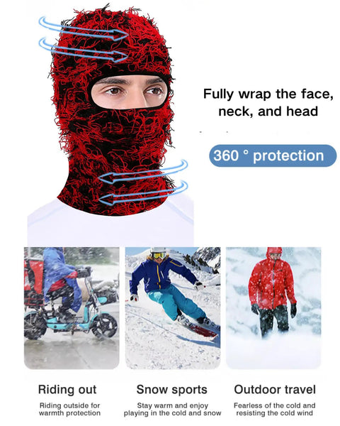Two Pack Winter Distressed Balaclava Knit Ski Mask For Women And Men full face red black design outdoor use