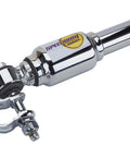 Close-up of chrome steering stabilizer for straight axle hot rods with 7/8 inch clamp and Speedway logo, reduces vibration and steering wobble.