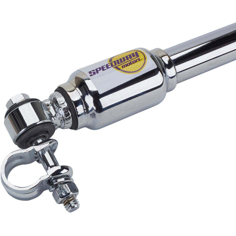 Close-up of chrome steering stabilizer for straight axle hot rods with 7/8 inch clamp and Speedway logo, reduces vibration and steering wobble.