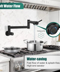 Heavy Duty Wall Mount Pot Filler Reaching 19 Inch Matte Black Kitchen Faucet With American Standard High Flow Design And Badass Reach Spout Built Tough For Every Cook delivering water to a pot.
