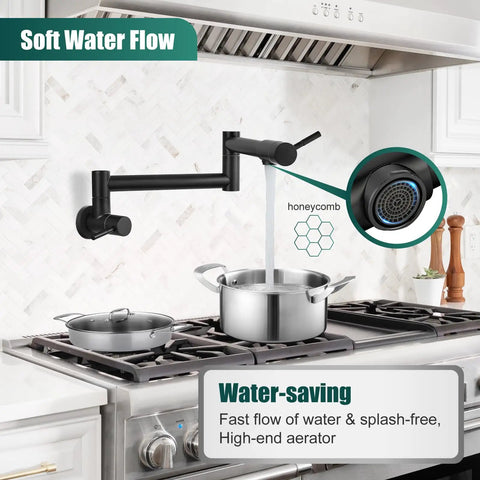 Heavy Duty Wall Mount Pot Filler Reaching 19 Inch Matte Black Kitchen Faucet With American Standard High Flow Design And Badass Reach Spout Built Tough For Every Cook delivering water to a pot.