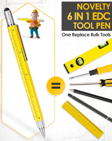 Six In One Multitool Pen Gift For Him Stocking Stuffers For Men Great Gift Idea For Husband Dad Grandpa Birthday Present Cool Gadgets For Adults White Elephant Friendly Party Favors shown with tools and measuring ruler.