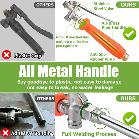 All Metal 29 Inch Sprayer Wand For Tank Sprayers With Stainless Steel Extension Tubes And Brass Barbs One Quarter Inch And Three Eighths Inch Joints Heavy Duty Lawn Care And Plant Watering Accessory, orange handle comparison showing advantages over plastic.