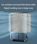 Top Shelf Portable Swamp Cooler With Honeycomb Evaporative Cooling Pads And Ice Water Tank showing ice curtains for rapid cooling.