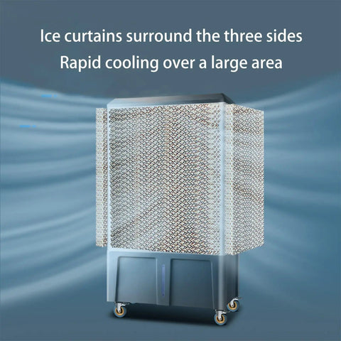 Top Shelf Portable Swamp Cooler With Honeycomb Evaporative Cooling Pads And Ice Water Tank showing ice curtains for rapid cooling.