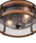 Industrial Farmhouse Two Light Drum Ceiling Fixture With Seeded Glass Shades In Black And Rustic Wood Grain Finish For Hallway Entryway And Bedroom Dope Living Room Vibe close-up
