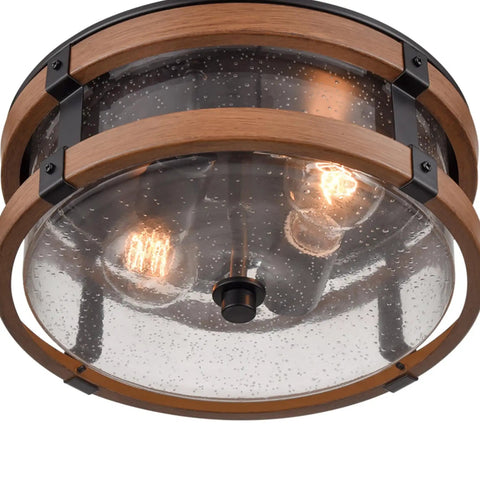 Industrial Farmhouse Two Light Drum Ceiling Fixture With Seeded Glass Shades In Black And Rustic Wood Grain Finish For Hallway Entryway And Bedroom Dope Living Room Vibe close-up