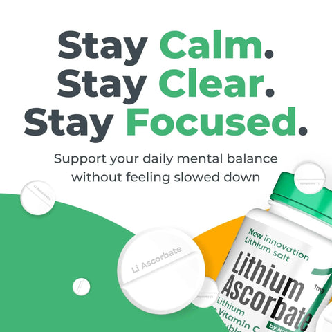 Image of a bottle of Lithium Supplement 1 Mg Tablets For Calm, Focus And Mental Clarity, Non Drowsy Formula With Fast Dissolve, Compare To Lithium Orotate With Vitamin C, 60 Count, with scattered tablets and text emphasizing calm, clear, focused benefits.