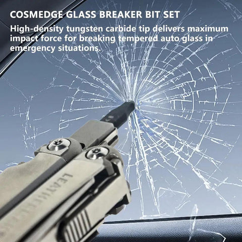 Dope Glass Breaker Bit Set With Love Heart Bit Holder for Leatherman showing glass breaking tungsten tip in action.
