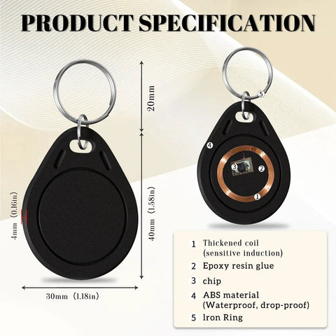 10 Pack 125kHz Blank RFID Key Fobs Proximity Tokens Rewritable T5577 with ABS plastic and iron ring, front and back view
