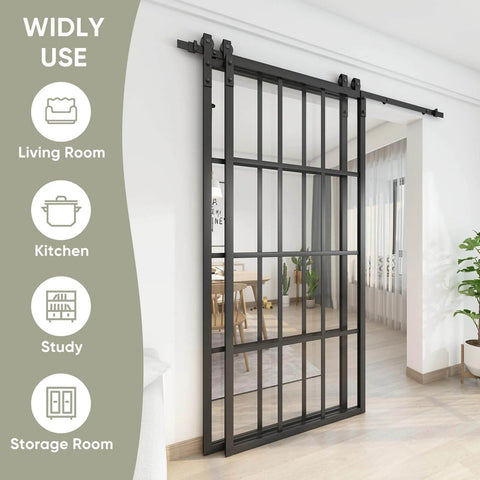 Bypass Double Glass Barn Door Kit With 84 By 84 In Clear Tempered Glass and 7.5 Ft Side Mounted Aluminum Black Frame installed in room.