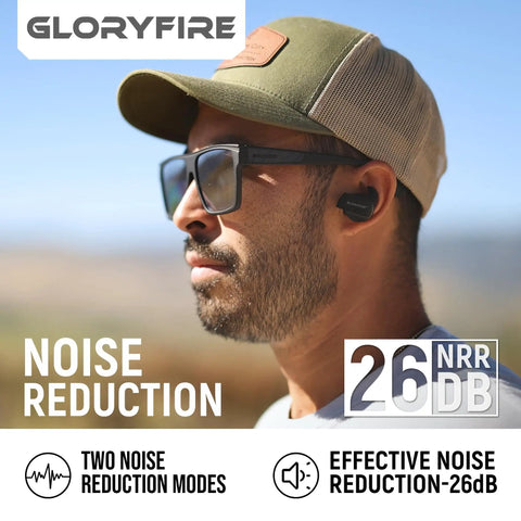 Man wearing Electronic Ear Plugs With 26dB Noise Reduction And Sound Amplification For Shooting Range Hunting And Tactical Ops.