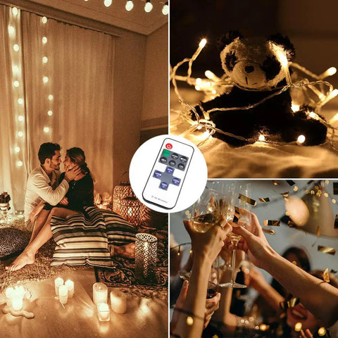 Wireless Remote Dimmer For Single Color LED Strip Lights With 11 Button Controller shown with cozy and festive lighting setup.