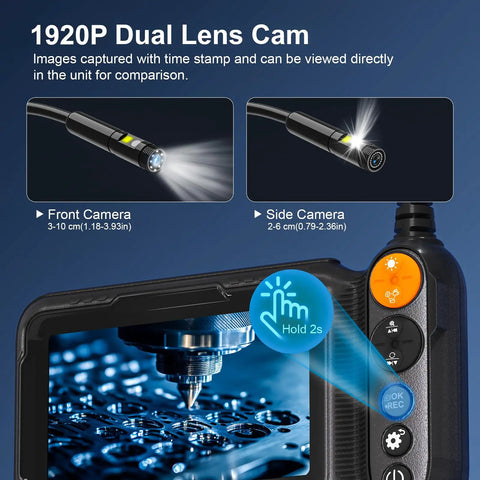 Endoscope Camera With Light Dual Lens 1080p HD Borescope showing dual lens cam with front and side cameras.