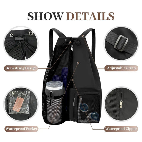 Must Have Beach Backpack With Wet Pocket And Waterproof Zipper Drawstring Mesh Bag details and features view