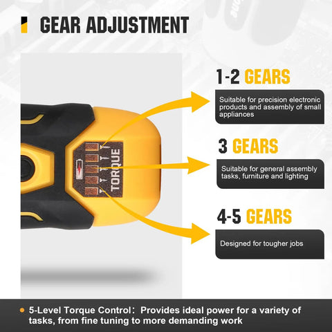 Cordless Electric Screwdriver With LED Light USB Rechargeable showing torque gear levels 1-5 for varied tasks and precision control.