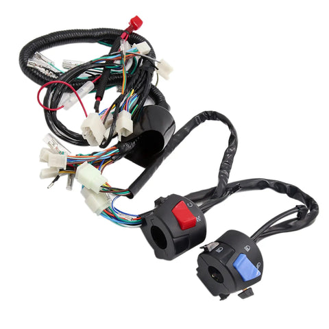 Motorcycle Main Wiring Harness With Right And Left Handlebar Switch Kit For WY125 Durable Plastic Metal Rubber Construction Seven Eighths Inch Handlebar Fit Black And Red No Fuss Install Weatherproof Electrical Cable Assembly