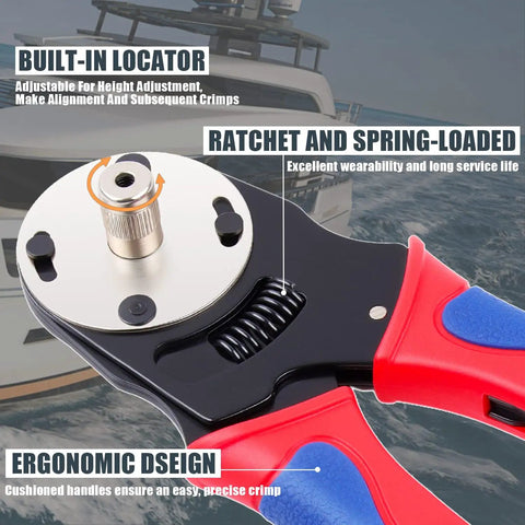Deutsch Connector Crimp Tool For 14 To 18 AWG Closed Barrel Pins with red ergonomic handles showcasing built-in locator.