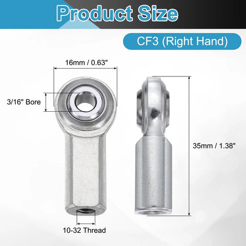 Four Pack CF3 Rod End Bearings With Three Sixteenths Inch Bore And Ten Thirty Two Right Hand Female Threads Self Lubricating Joint Rod Ends With Jam Nuts For Heavy Duty Linkage And Machinery Projects Chrome Steel Construction. 3/16 bore, 10-32 RH