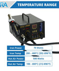 4 In 1 SMD Hot Air Rework Station With 70W Soldering Iron, digital display, showing temperature range for electronics repair.