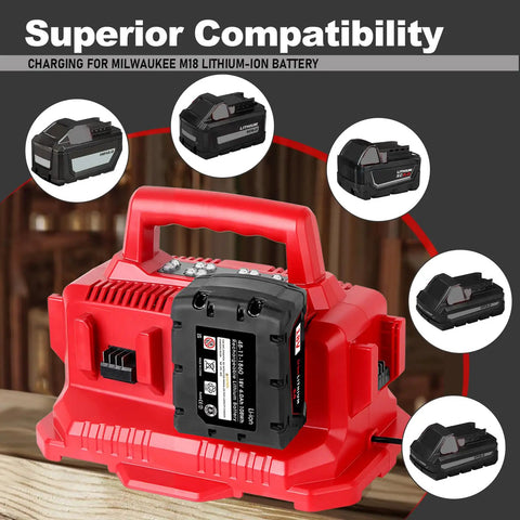 Six Port Fast Charger for M18 Batteries Replacement Battery Charger with six charging ports and LED indicators shown