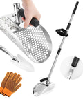 Sand Scoop For Metal Detecting And Treasure Hunting Stainless Steel Shovel With Adjustable Length Underwater Beach Dig Gear For Adults Handheld With Long Steel Handle Pole Design, shown with gloves and detachable handle.