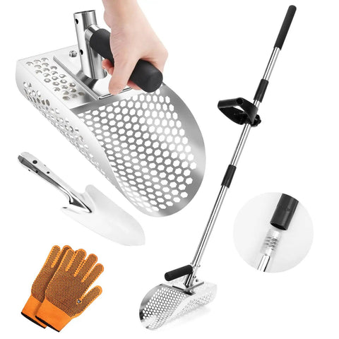 Sand Scoop For Metal Detecting And Treasure Hunting Stainless Steel Shovel With Adjustable Length Underwater Beach Dig Gear For Adults Handheld With Long Steel Handle Pole Design, shown with gloves and detachable handle.