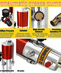 Close-up of pneumatic grease pump showing pressure valve and high-density silencer with 50 to 1 ratio for smooth operation.