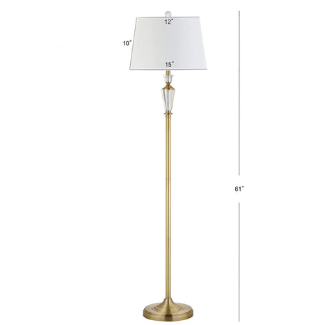61 Inch Brass Gold Crystal LED Floor Lamp With White Linen Drum Shade, Traditional Slim Metal Standing Light For Living Room