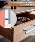 Open drawer with silver stick-on handle, focus on grip distance inset, part of 50 Pack Stick On Push Pull Drawer Pulls Adhesive Cabinet Handles ABS Plastic For Kitchen Cabinets Doors Furniture Silver No Tools Required Easy Peel And Stick Installation For Quick Cabinet Update.