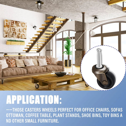 Antique style furniture casters set of four with one and five eighths inch stem and three quarter inch socket in living room application
