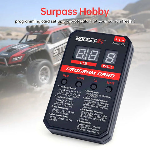 RC Car Brushless ESC Programming Card LED Programmer For Limited Compatibility Only Works With The Same Manufacturer ESCs 50A 60A 90A 110A V2 Version Pro, displayed with RC car background