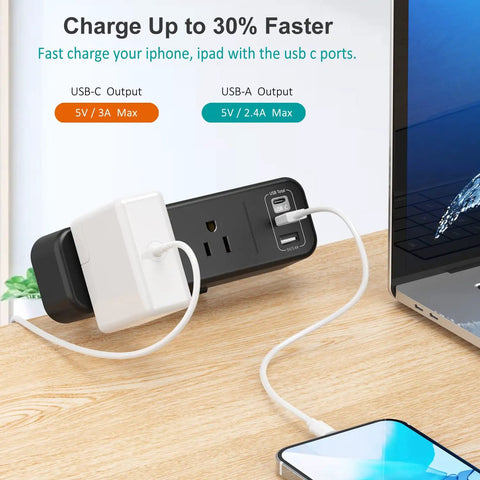 Desk Clamp Power Strip With USB C And USB Ports, 3 Outlets, Desktop Mount Power Station charging phone on desk