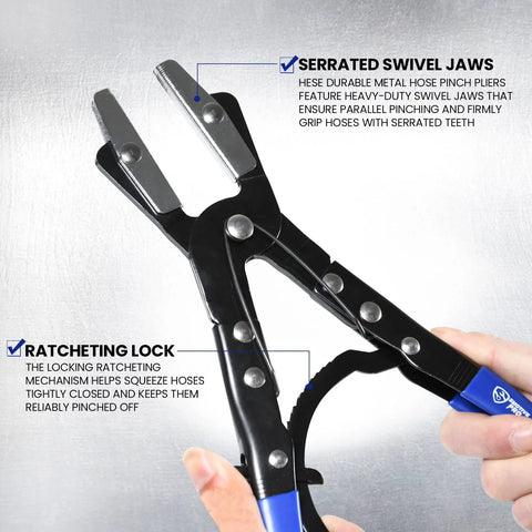 SMOTIVEPRO 3-piece ratcheting hose pinch-off pliers set (8-12 in) with serrated jaws and locking.