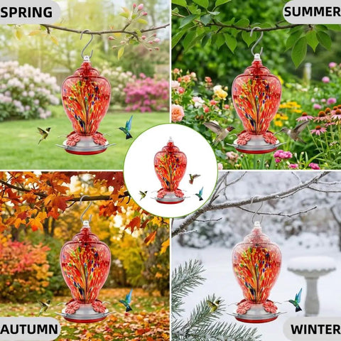 Colorful Hand Blown Glass Hummingbird Feeder For Outdoors Patio Large 32 Ounce With Ant Moat Hanging Hook Rope Cleaning Brush And Service Card Red Firework displayed in different seasons