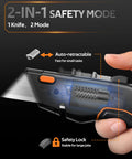 VOTREK 2-in-1 retractable box cutter; side view with orange button and exposed blade mechanism.