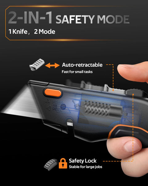 VOTREK 2-in-1 retractable box cutter; side view with orange button and exposed blade mechanism.