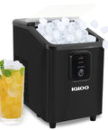Igloo black countertop ice maker with front control panel and overflowing ice cubes; compact kitchen appliance.
