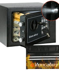 Home Money Safe Box With Sensor Light And Fireproof Bag, open safe with cash, digital keypad, and fireproof bag in view