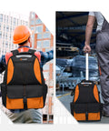 Person carrying a Rolling Tool Backpack With Wheels, Heavy Duty 37 Pocket Organizer for Electricians, Contractors in job site