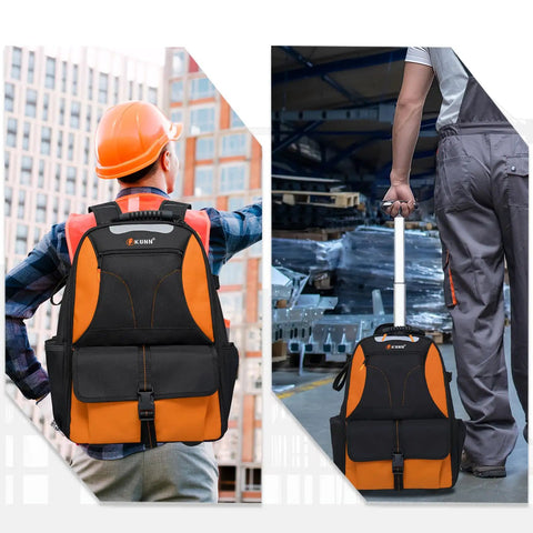 Person carrying a Rolling Tool Backpack With Wheels, Heavy Duty 37 Pocket Organizer for Electricians, Contractors in job site