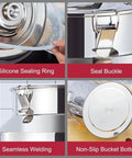 Top Shelf Built Tough 304 Stainless Steel Storage Container With Wide Mouth Pouring Spout For Milk Bulk Coffee Beans Dry Grains Rice Flour Sugar Commercial Kitchen Gear 64 Liter Capacity with silicone sealing ring and seal buckle.