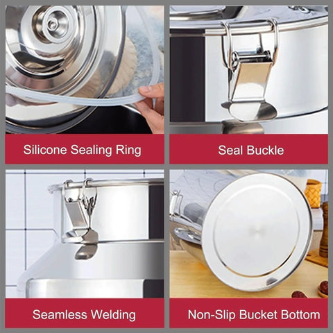 Top Shelf Built Tough 304 Stainless Steel Storage Container With Wide Mouth Pouring Spout For Milk Bulk Coffee Beans Dry Grains Rice Flour Sugar Commercial Kitchen Gear 64 Liter Capacity with silicone sealing ring and seal buckle.