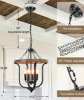 Farmhouse 4 Light Cage Chandelier With Black Metal Finish And Faux Wood Rustic Lantern Pendant Light in kitchen.