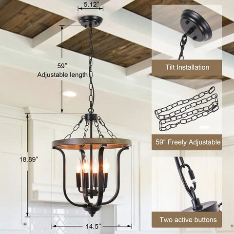 Farmhouse 4 Light Cage Chandelier With Black Metal Finish And Faux Wood Rustic Lantern Pendant Light in kitchen.