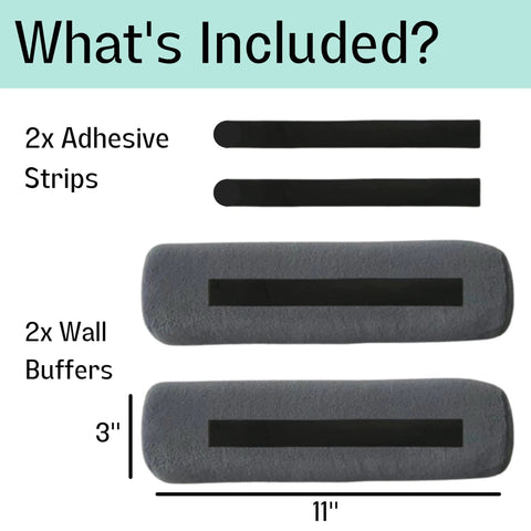 2 adhesive strips and 2 wall buffers, grey foam, 3" x 11", Heavy Duty Wall Buffer Headboard Protectors Soft Foam Stoppers Lock Your Bed In Position And Kill The Squeaks Save Drywall From Getting Beaten Up Drill Free For Standard Frames.