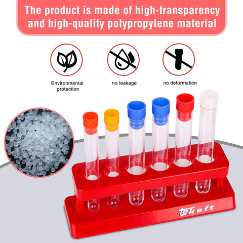 Six Colorful Plastic Test Tubes Kit With Caps And Rack For Home Science Experiments includes polypropylene material.