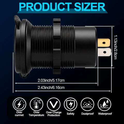 Dimensions of Heavy Duty 12V USB C Charger With PD 20W And 18W QC3 Waterproof Power Outlet for car and marine use.