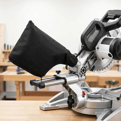 Two Pack Miter Saw Dust Collection Bags Made From Heavy Duty Nylon and Steel Ring With Adjustable Zipper Opening Fits Table Saws Belt Sanders and Planers Straight Up Badass for No Hassle Shop Cleanup on miter saw.